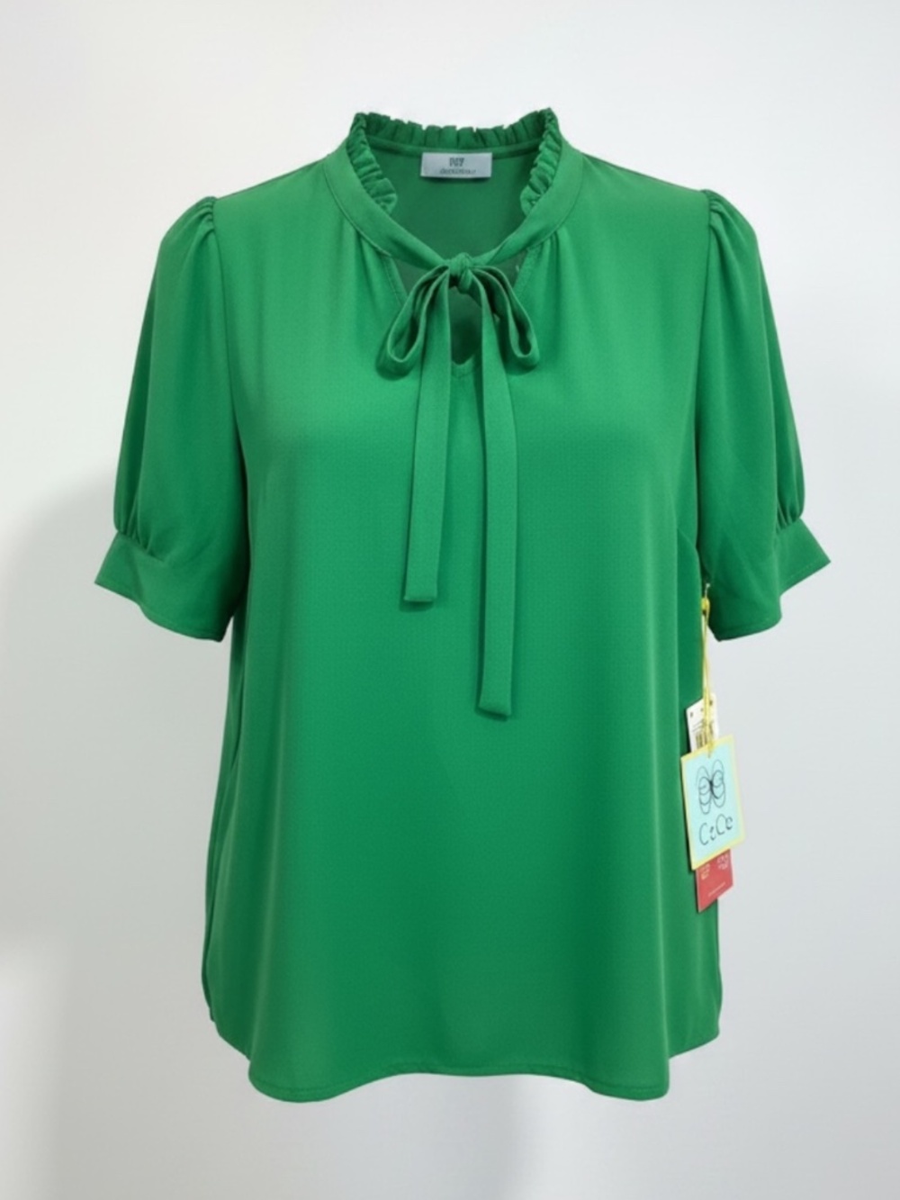 Cecelia Green Pleated Ruffle Tie Neck Blouse Short Sleeved
